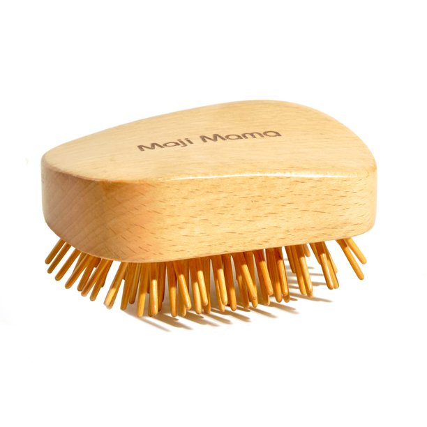 Maji Mama Cepillo de pelo de madera natural hecho a mano con pasadores de bambú para masajear el cuero cabelludo y desenredar todo tipo de cabello