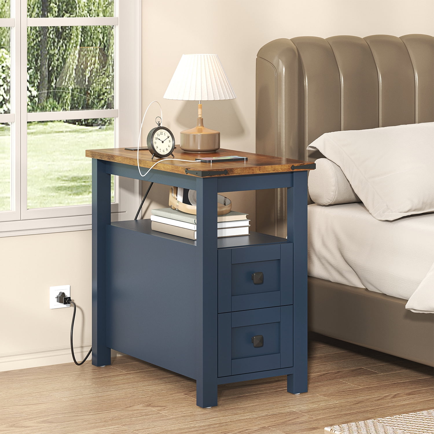 VVFLU Farmhouse End Table with Charging Station, Blue Nightstand Narrow, Skinny Slim Small, Bedroom