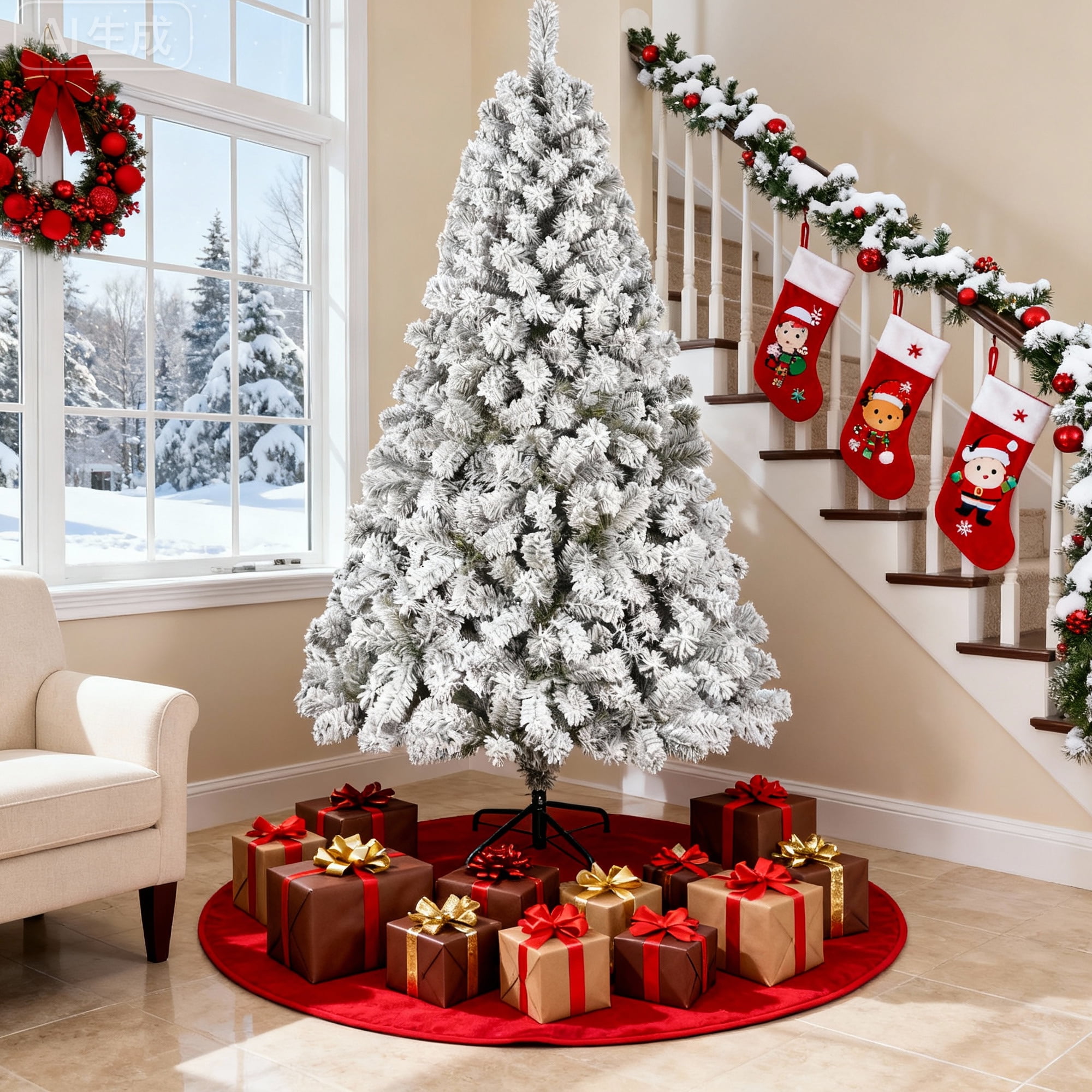 Furnibear 7.5ft Flocked Christmas Tree, 1405 Branch Tips Unlit Artificial Tree with Auto-Shaping