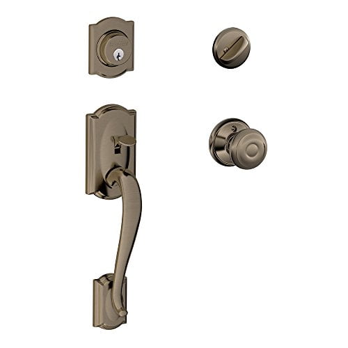 SCHLAGE Camelot Single Cylinder Handleset and Georgian Knob, Antique Pewter (F60 CAM 620 GEO), Bright Brass