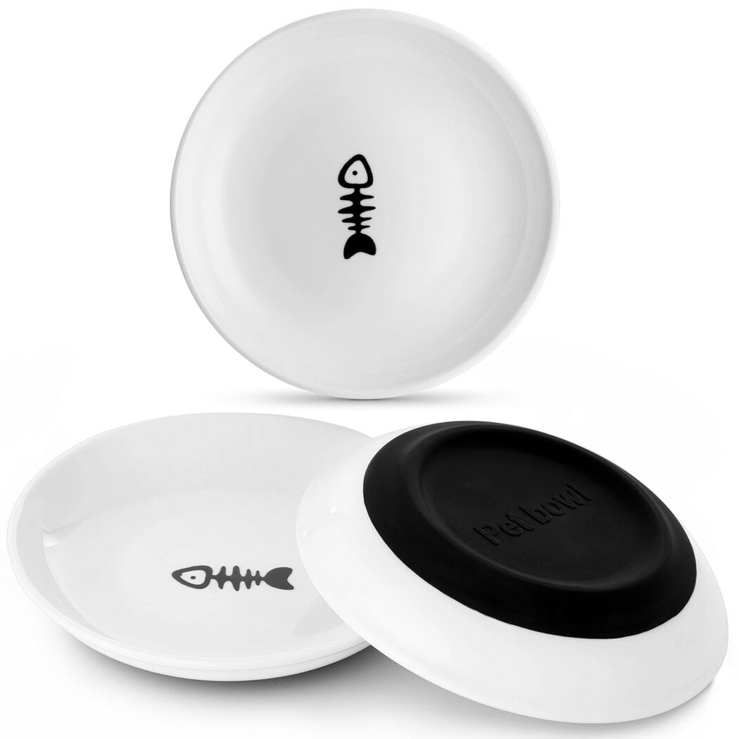 5.9'' Diameter Ceramic Cat Bowls, No Whisker Fatigue Wide Shallow Cat Dishes with Non-Slip Silicone Bottom, Food Water Plates Bowls for Pet Cat