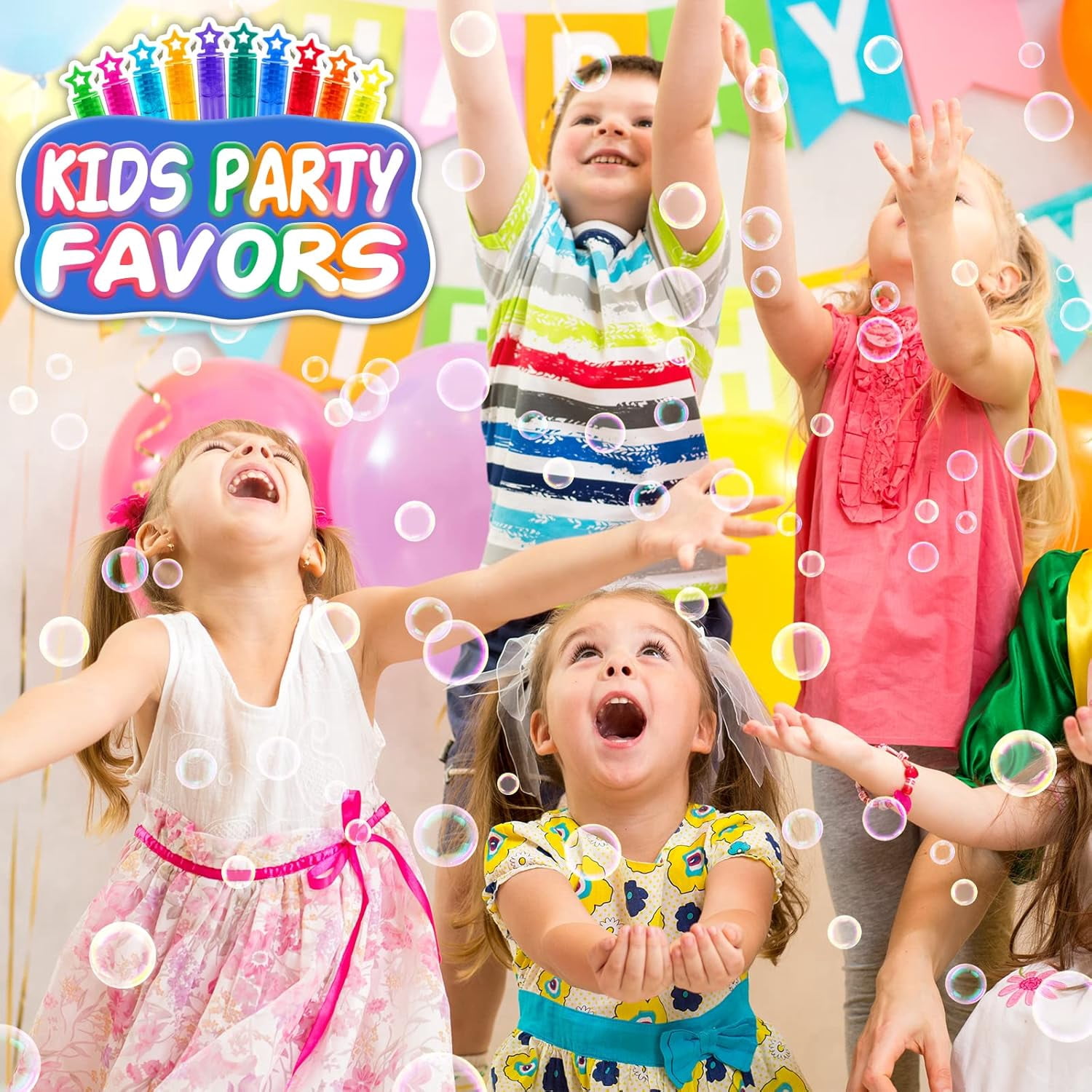 PRESS AND GO 120 Pcs Mini Bubble Wands in 6 Colors, Themed Birthday, Christmas, New Year, Valentine, Carnival