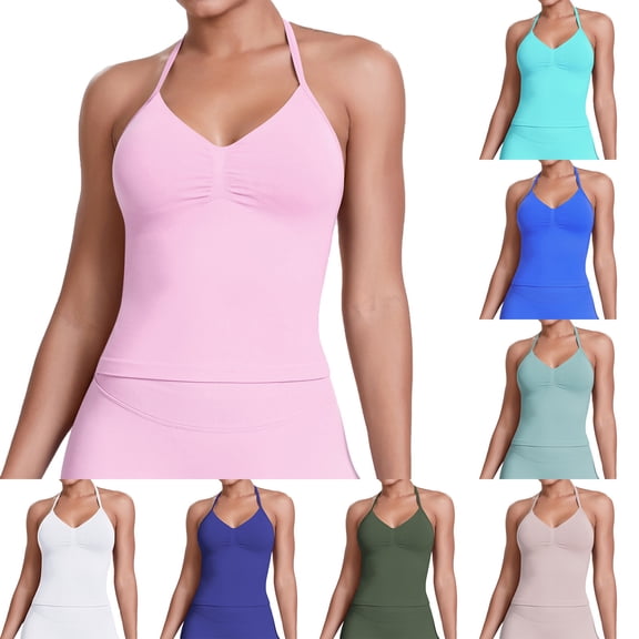 Felirenzacia Women's Moist Wicking Halter Neck Camisoles, Pleates Front Heart Neckline Athletic Cropped Tank Top,Hot Pink,S