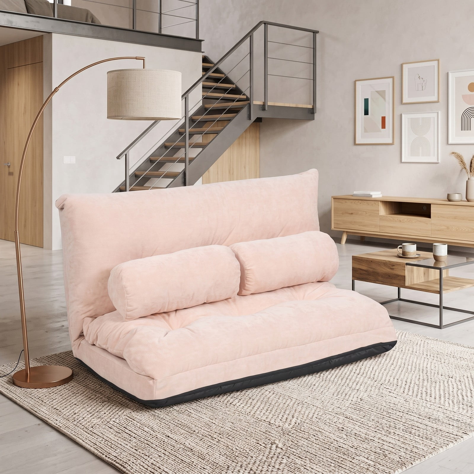 Furnibear 6-Position Adjustable Floor Sofa Bed, Foldable Sleeper Lounge Couch with 2 Pillows, Padded Corduroy Recliner Chair for Living Room Bedroom, 330 lbs, Beige