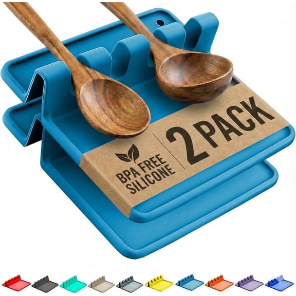Cooler Kitchen Silicone Spoon Rest, Heat-Resistant BPA-Free Utensil Holder with Drip Pad, 2-Pack