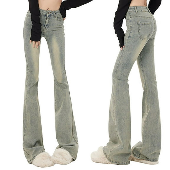 QIUOMBBP Women's Flare Jeans Y2K Bootcut Low Rise Vintage Denim Pants Bell Bottoms, Blue, L