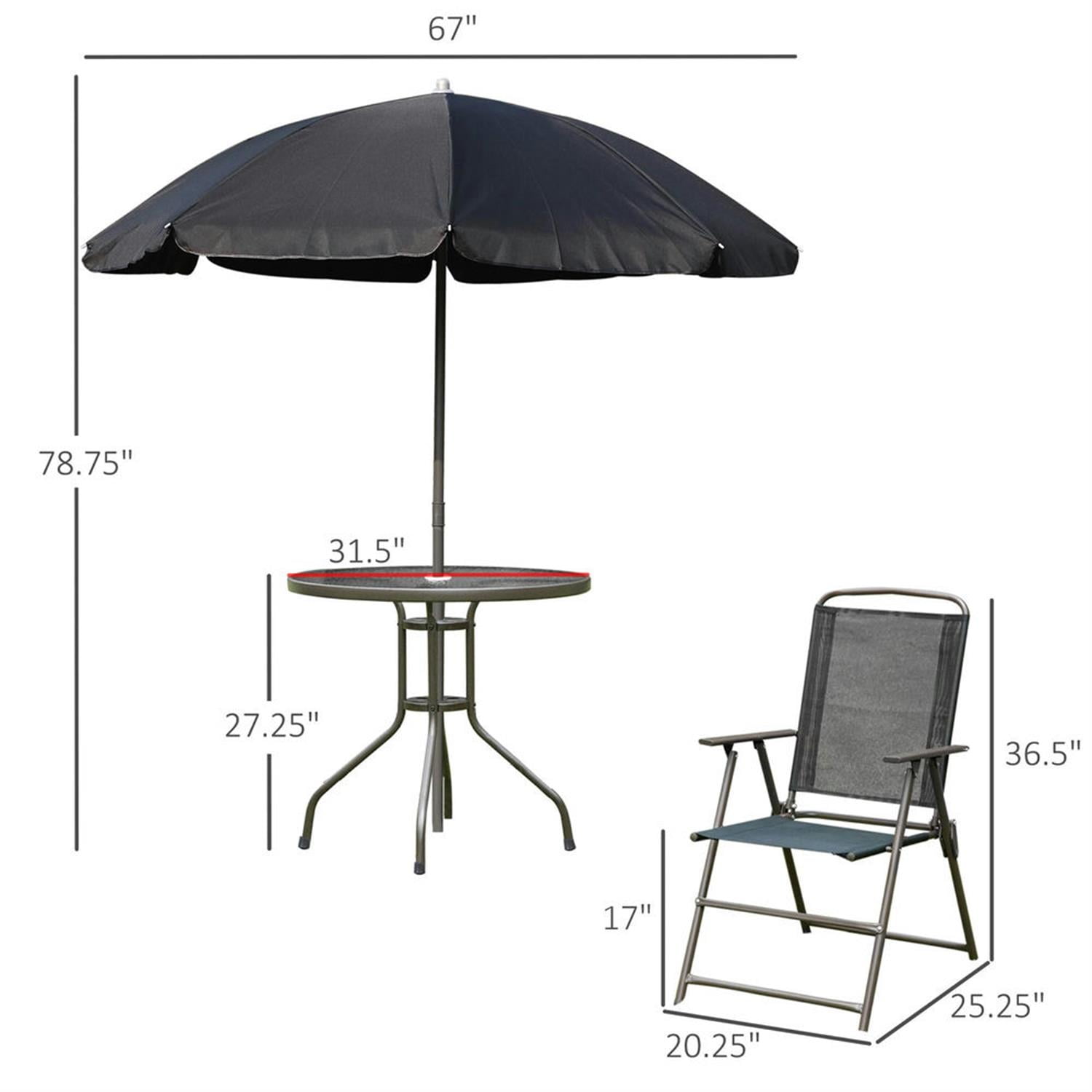 Demi Bonn 6-Piece Outdoor Dining Set with Umbrella, 4 Folding Chairs & Round Glass Table for Garden & Patio, Black