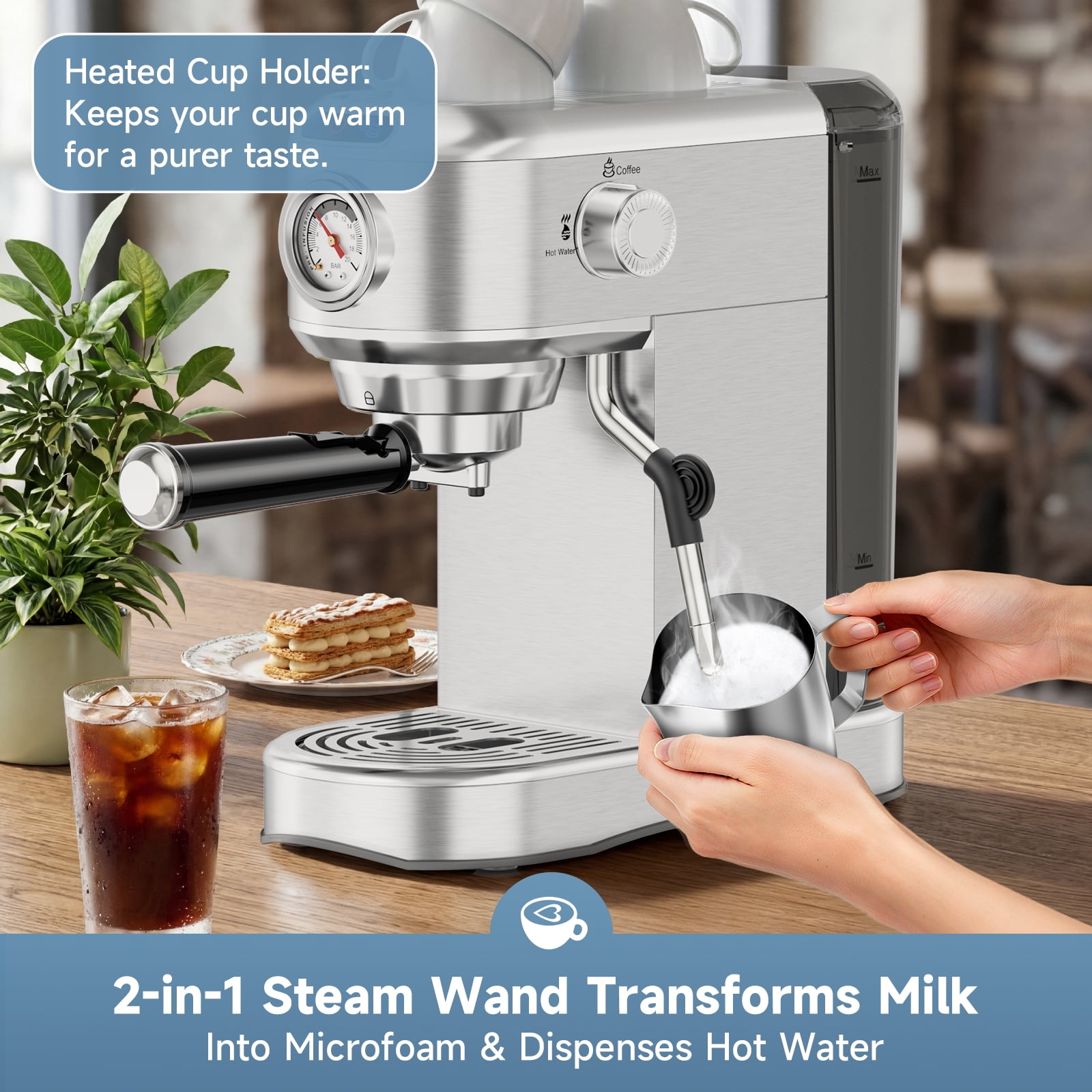 SUDILO 20 Bar Espresso Machine, Stainless Steel Coffee Maker with Steam Frother, 34oz Removable Water Tank, Compact for Home Office, Silver