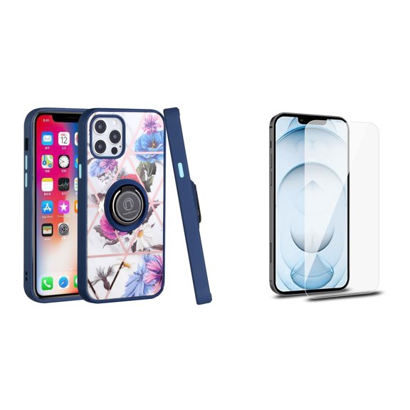 Bemz Ring Series Case for iPhone 14 Pro Max (TPU Silicone Cover with Magnetic Stand) with Tempered Glass Screen Protector - Blue Purple Flowers