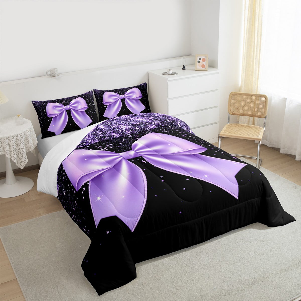 Manfei Princess Bling Bowknot Full Size Comforter Sets, Dreamy Glitter Bow-tie Bedding Comforter Set, Black Purple Cartoon Bedding Sets, Breathable Home Decor, 3pcs