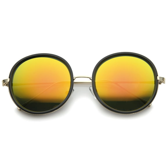 sunglassLA Unisex Retro Metal Temple Color Mirror Lens Oversize Round Sunglasses (Black-Gold / Yellow Mirror) - 53mm
