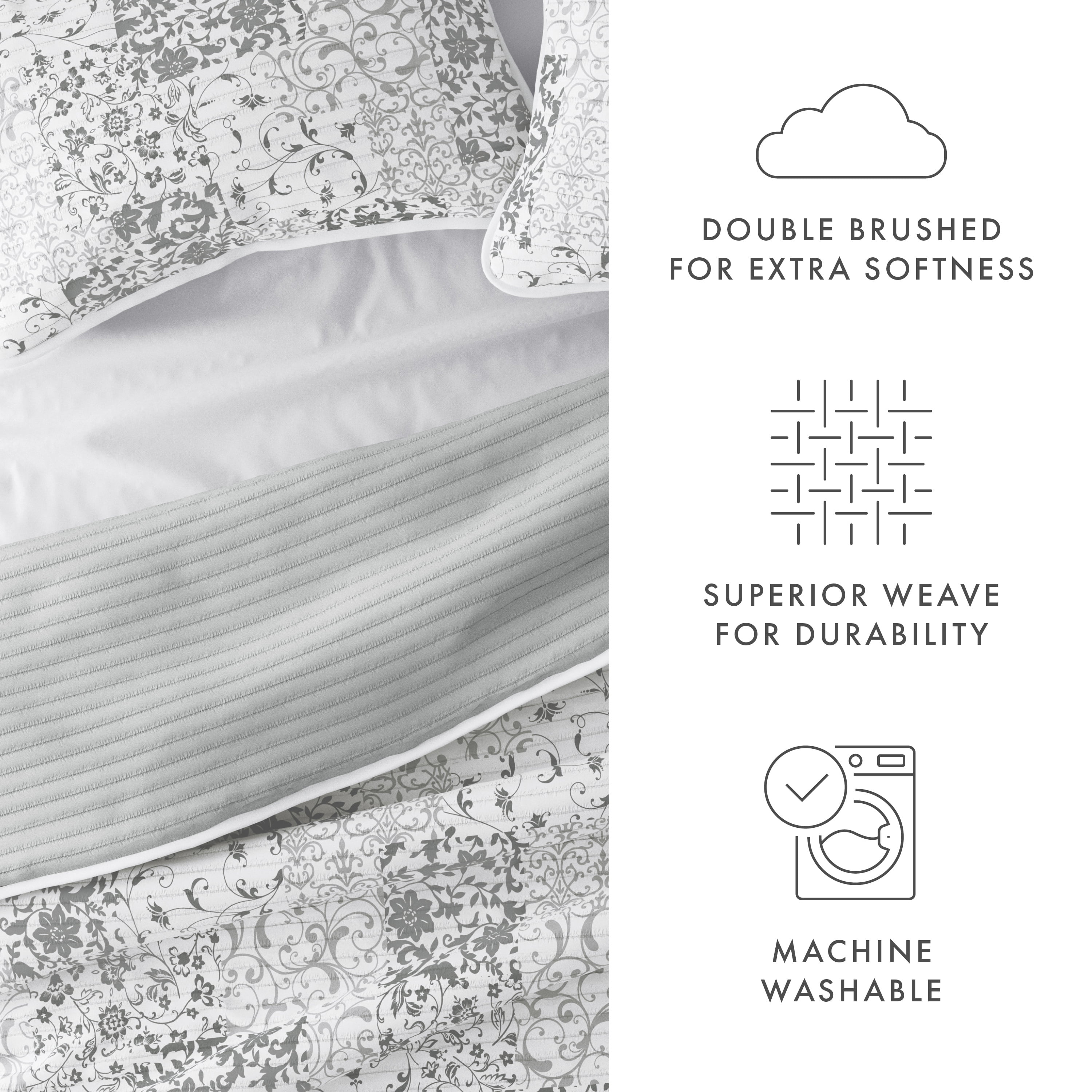 Noble Linens Light Grey 3 Piece Scrolled Patchwork Reversible Microfiber Quilt Set, King / CalKing
