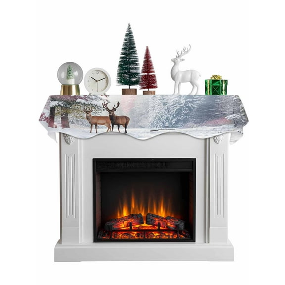 Christmas Reindeer Mantel Scarf Fireplace Decorations for Living Room, Snowy Forest Winter Trees Pink Sunset Lake Fireplace Mantel Scarf Cover Runner for Thanksgiving/Christmas Decor 60"x17"