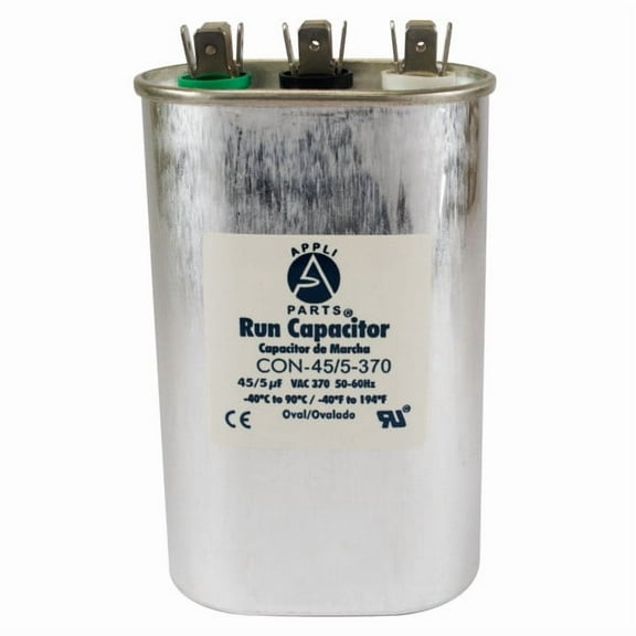 Appli Parts Dual Run Capacitor for ac 45 5 Mfd uF (microfarads) 370VAC CBB65 Oval Universal fit for hvac and other applications 2-3/4in Wide 1-3/4in Depth 4-3/4in High CON-45/5-370