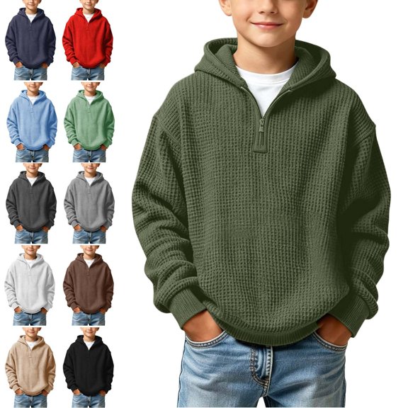 NAISIBABY Boys Hoodies Size 8, Mid-Zip Long-Sleeve Pullover Solid Hooded Sweatshirt Army Green