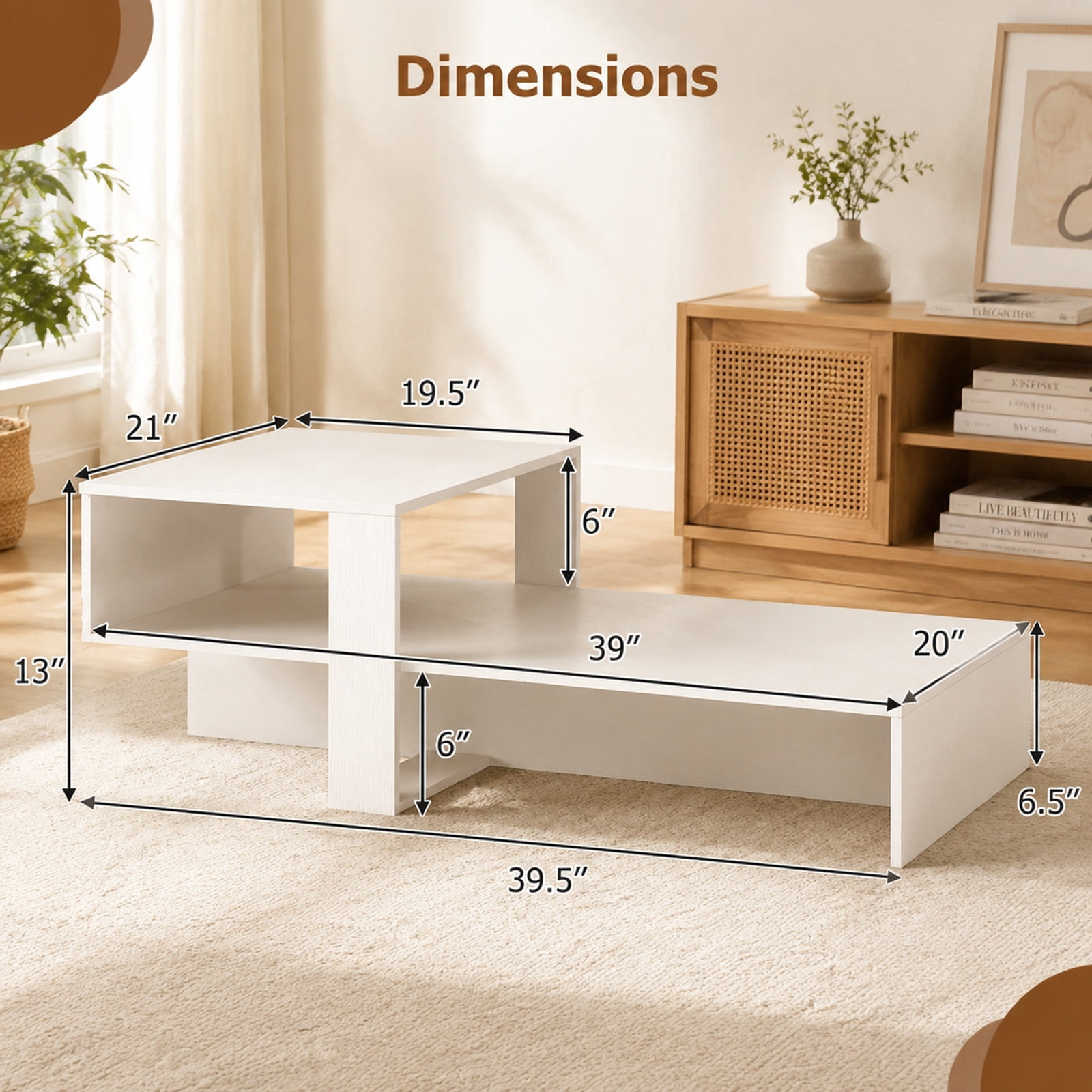 Furnibear 2 Tier Modern Irregular Coffee Table with Open Storage Shelf and Geometric Silhouette for Living Room for Home and Living Space, White