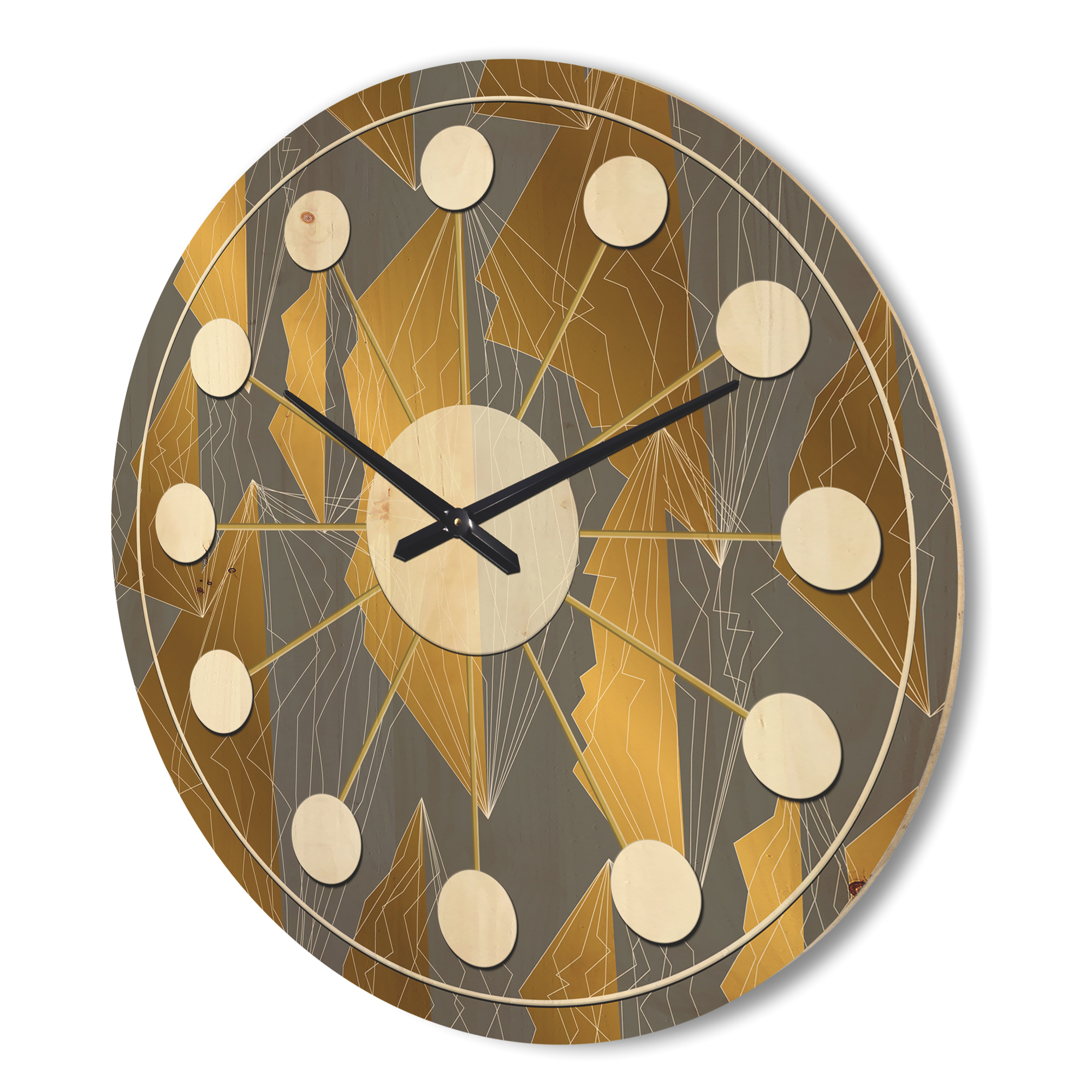 Designart 'Golden and Gray Polygon Pattern' Mid-Century Modern Wood Wall Clock