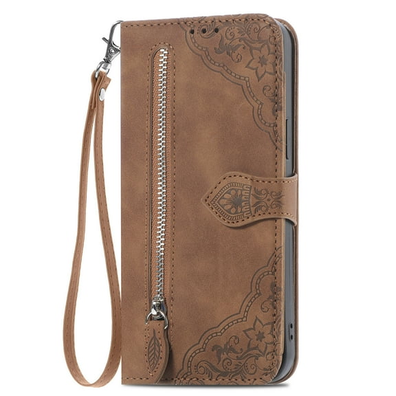 Compatible For Samsung Galaxy S22 Ultra Shockproof Zipper Card Flip Wallet Stand Case with Wrist Strap,Luxury Flower Pattern Embossed PU Leather Cover.For Samsung Galaxy S22 Ultra,Brown