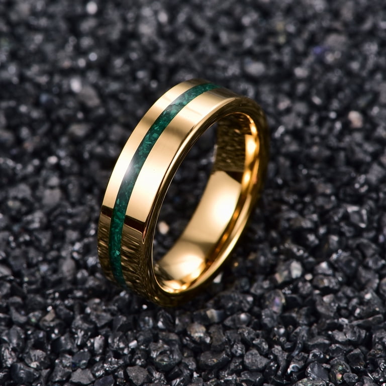 Reseldda Men's Tungsten Wedding Band With Lab-Created Emerald - 14K Yellow Gold, 8mm Width, Hammered Edge, Size 10