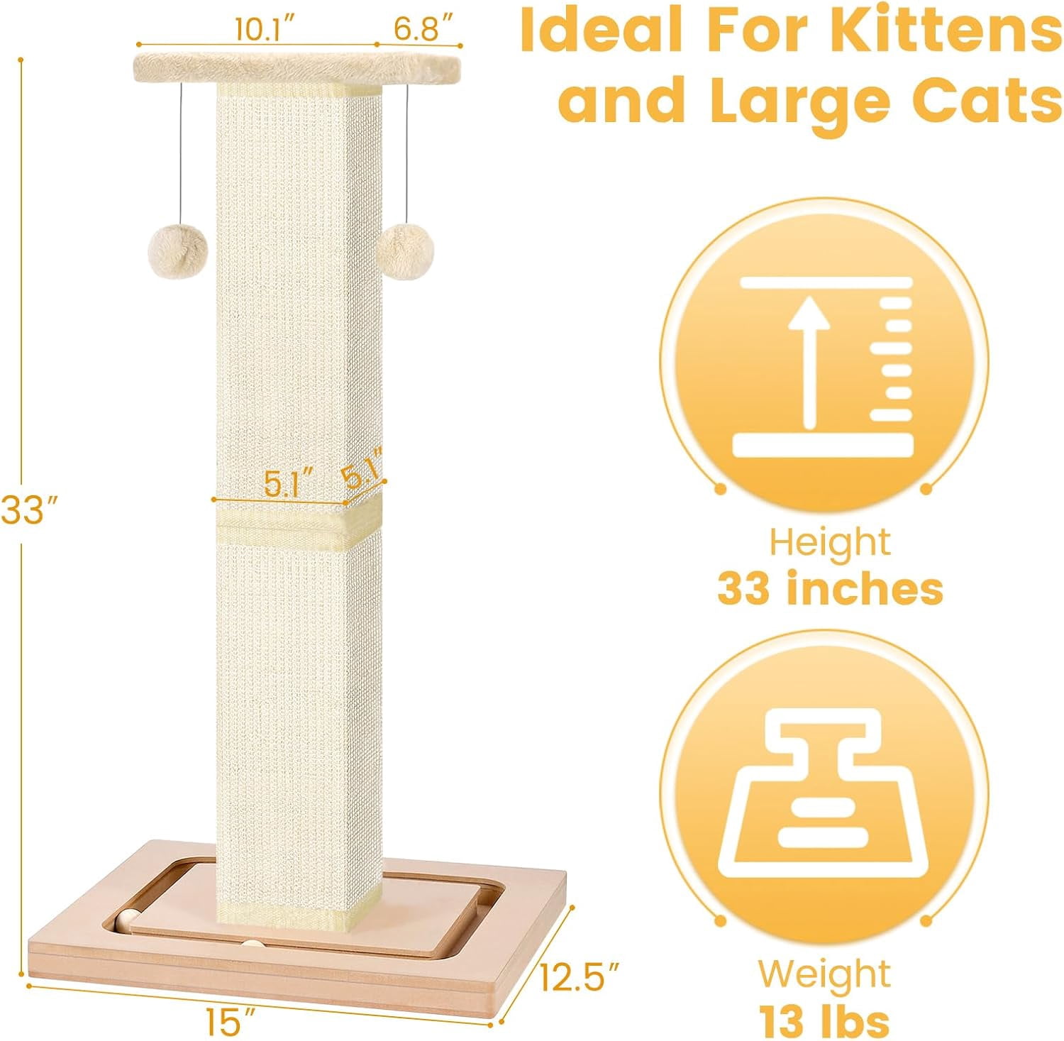 Cat Scratching Post, 33" Tall Cat Scratching Post, Heavy Duty Cat Scratching Post with Ball Track and Hanging Ball, Scratching Posts for Indoor Cats Adults
