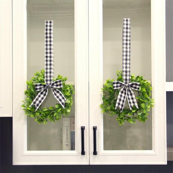 Kitchen Cabinet Wreaths Decorative Boxwood Wreaths With Ribbon Greenery Farmhouse Wreaths For Kitchen Decorating Front Door Window Party For Halloween Thanksgiving Christmas(Green)#1017