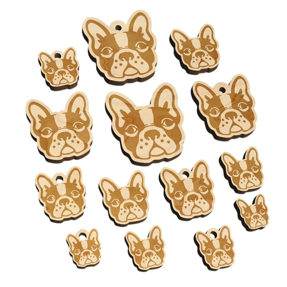 French Bulldog Face Wood Mini Charms Shapes DIY Craft Jewelry - With Hole - Various Sizes (16pcs)