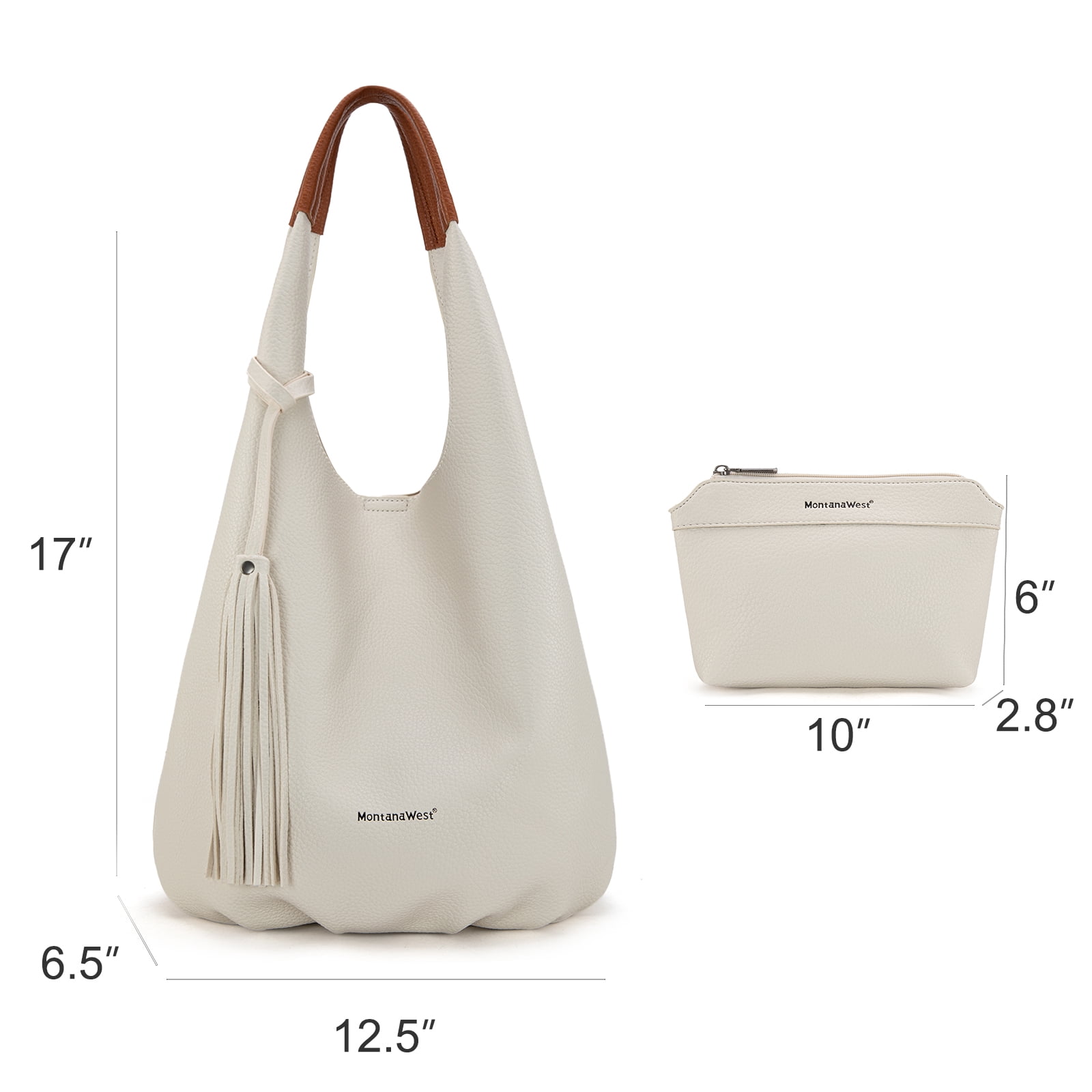 Montana West Slouchy Hobo Bags for Women 2PCS Tassels Handbags Shoulder Bag Set with Comestic Bag, Beige