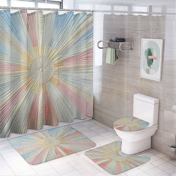 Sun Rays Geometric Patterns Blue And Pink Shower Curtain Sets 4 Piece Bathroom Sets with Curtain Rug Toilet Cover And U Shaped Mat Boho Sunshine Waterproof Personality Pattern Bath Curtain