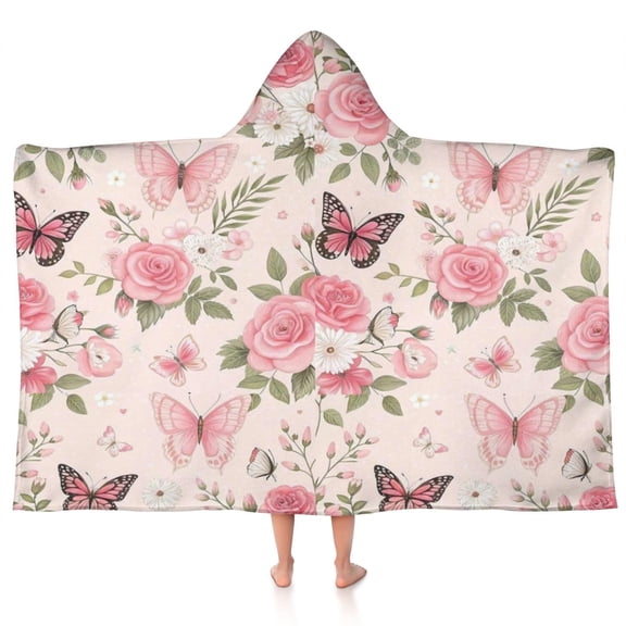 Pink Butterfly Floral Bow White Pattern Hooded Bath Towel,50"x30" for Ages 3 To 12 Kids, Quick Dry Lightweight Soft Microfiber Hood Beach Towel Cover Up for Kids