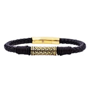 Arista Men's Bracelet in Gold Plated Solid Stainless Steel and Black Leather, 8.5"