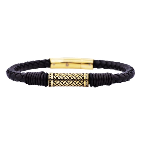 Arista Men's Bracelet in Gold Plated Solid Stainless Steel and Black Leather, 8.5"