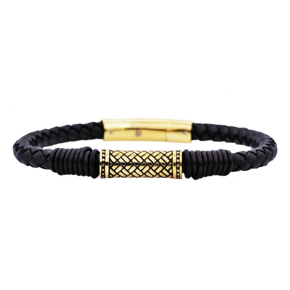 Arista Men's Bracelet in Gold Plated Solid Stainless Steel and Black Leather, 8.5"