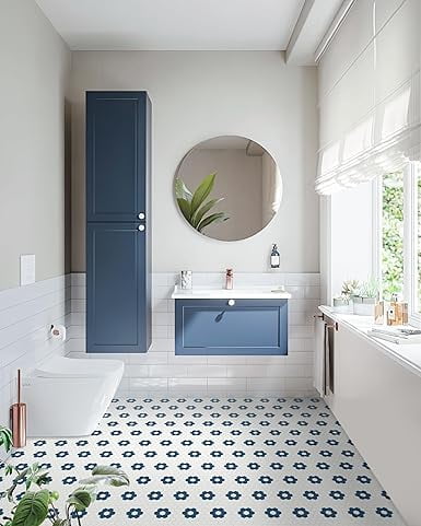 MORCART Peel and Stick Floor Tile, Vinyl Flooring Waterproof, DIY Flooring for Bathroom, Kitchen, Fireplace, Pet House, Stairs, Bedrooms, Wall(20PCS,7.87" x 7.87",dark blue+white)