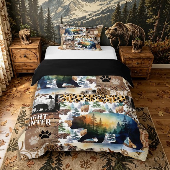 Castle Fairy Watercolor Bear Twin Duvet Cover,Vintage Leopard Print Twin Bedding,Sepia Orange Cream,Black Reversible,2pcs,No Comforter,1 Duvet Cover and 1 Pillowcase