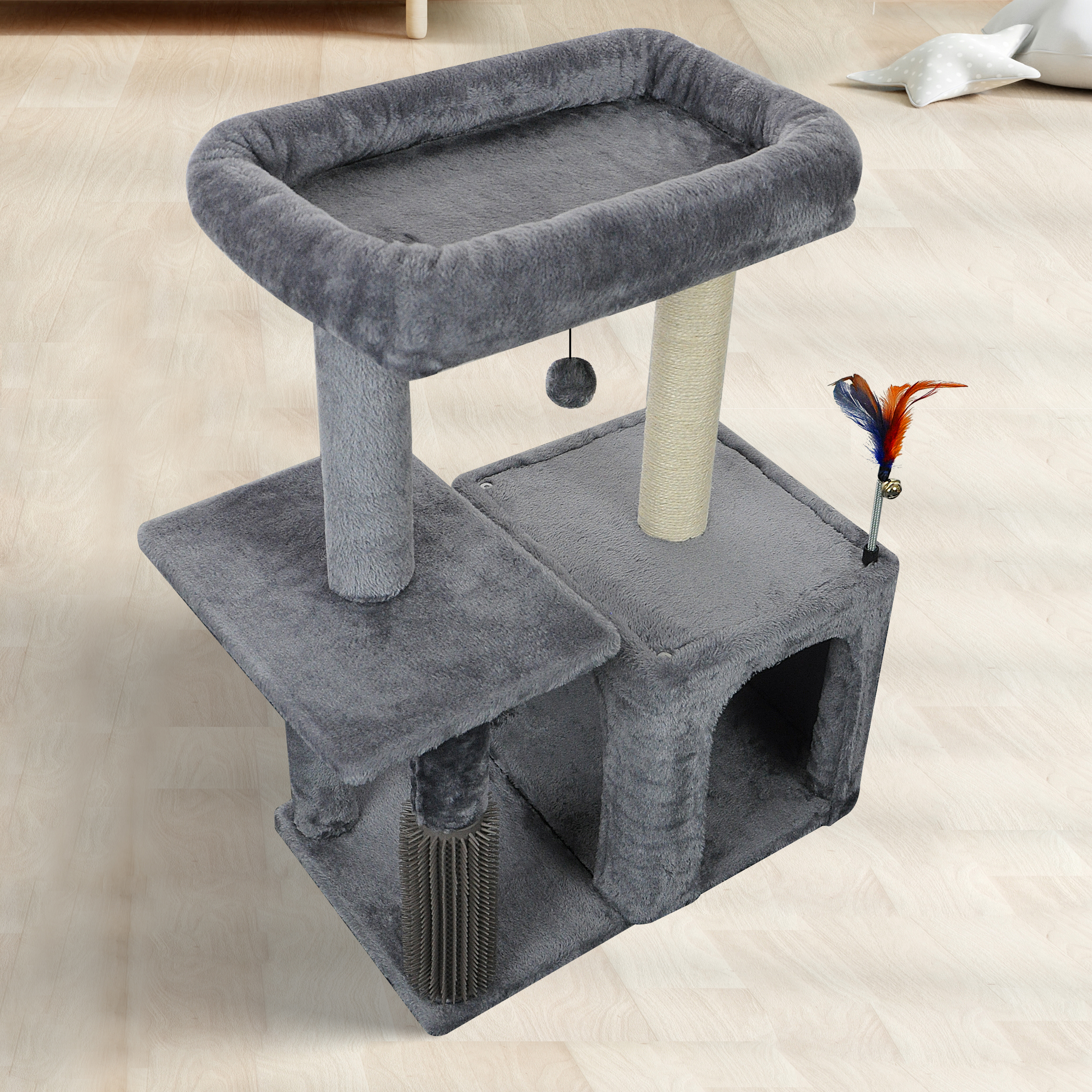 WK 31.50" Cat Tree for Indoor Cats with Cat Condo and Scratching Post,Cute Cat Tower with Self-Grooming Brush and Toy Balls,Grey