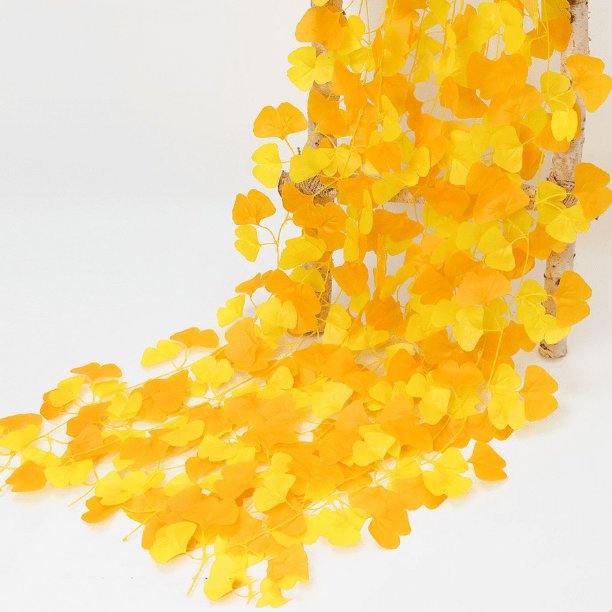 Decoración de hojas de Ginkgo simuladas, hojas falsas, ramas de plástico, flores de seda, hojas de Banyan, hojas de Ginkgo blancas y amarillas (5 enredaderas de hojas de Ginkgo pegadas)