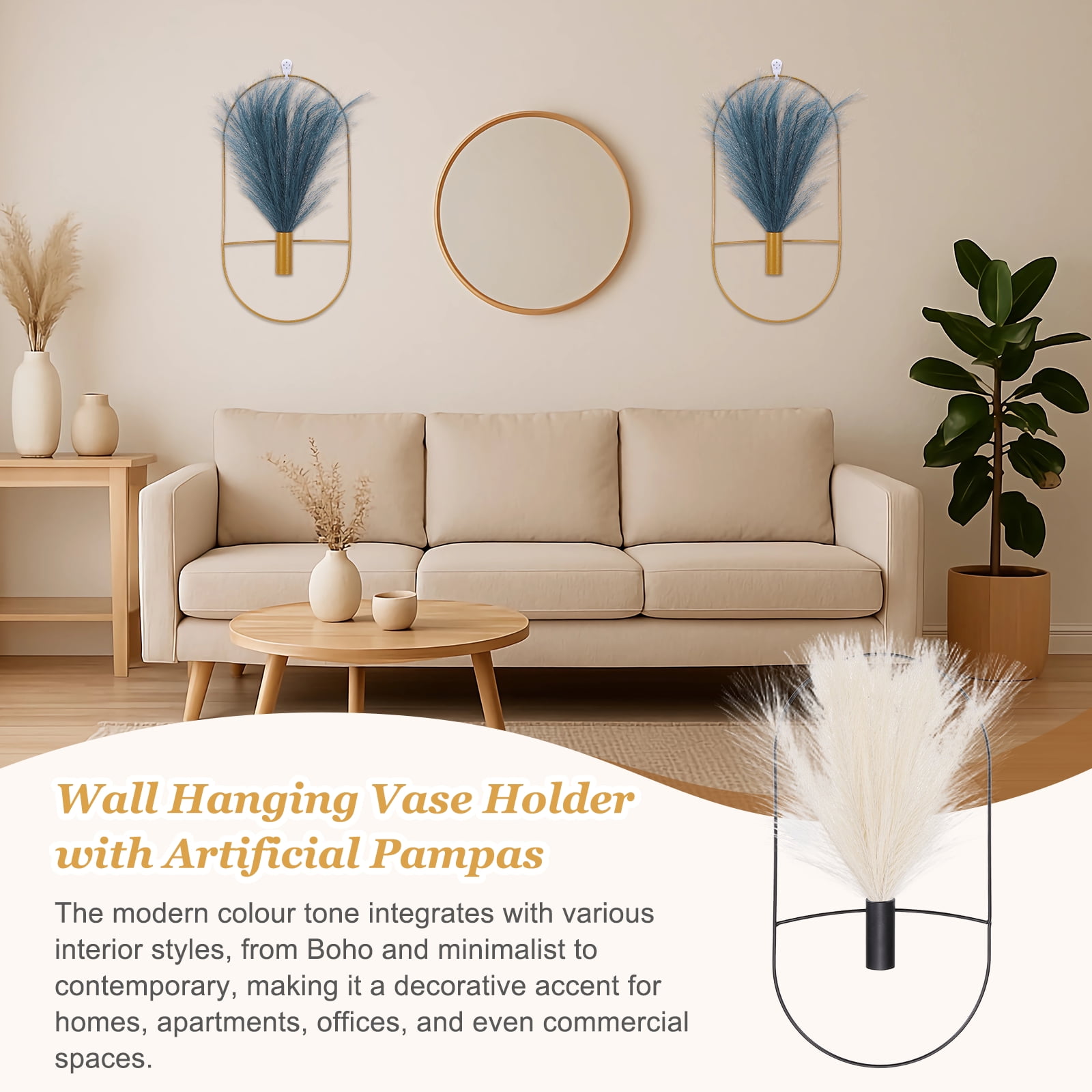 Uxcell 2 Pcs Wall Decor Metal Black Wall Art Hanging Planters with Artificial Pampas, Wall-mounted Decor Metal for Display Artwork Plant Hanging Living Room Bedroom, Beige (Oval)