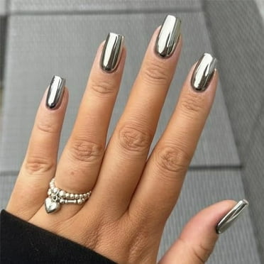 Press on Nails Medium Square Fake Nails Silver Chrome Glue on Nails Glossy Acrylic Nails Squoval Artificial Nails Bling Metallic Mirror Stick on False Nails with Design 24 pcs