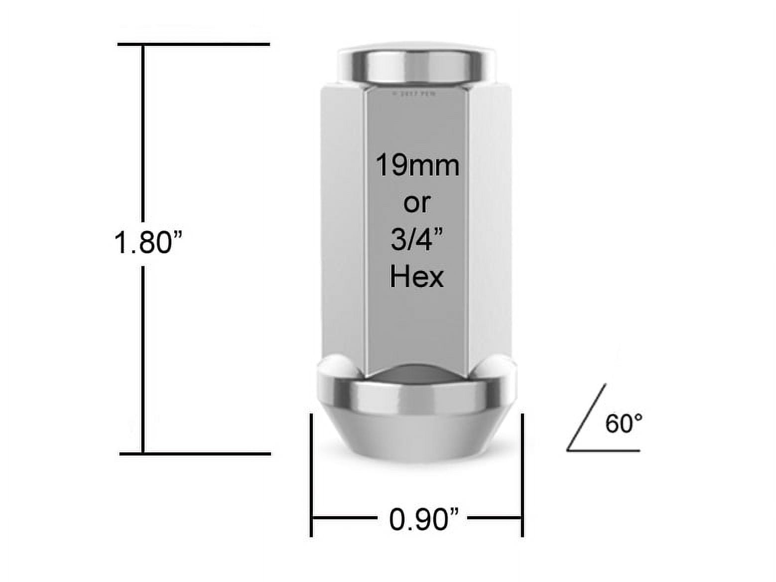 20pcs Chrome Bulge Lug Nuts - 9/16-18 Thread Size - Conical Cone Taper Acorn Seat Closed End Long Extended - 1.8 inch Length - Installs with 19mm or 3/4 inch Hex Socket - Compatible with 5Lug Wheels