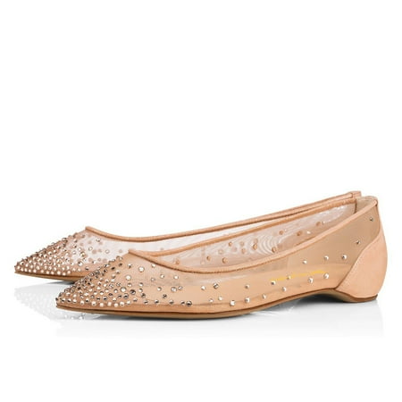 

XYD Women Rhinestones Studded Mesh Pointy Closed Toe Ballet Flats Slip On Dress Bride Shoes Size 12 Nude