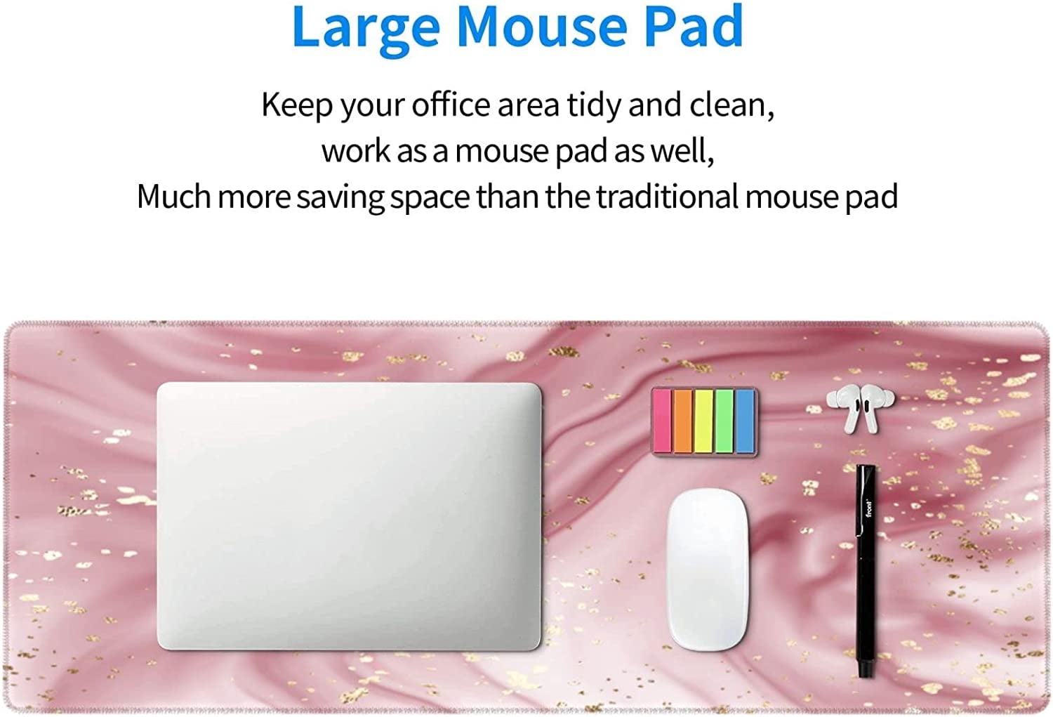 Pink Glitter Marble Gaming Mouse Pad XL, Extended Stitched Edges Mousepad, Large Mouse Mat Desk Pad, Long Non-Slip Rubber Base Mice Pad（31.5x12 Inch）