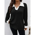 thumbnail image 5 of Women'S Large Size Casual Knitted Sweater Lapel V-Neck Solid Color Top Long Sleeve Shirt Black & White 4XL, 5 of 7
