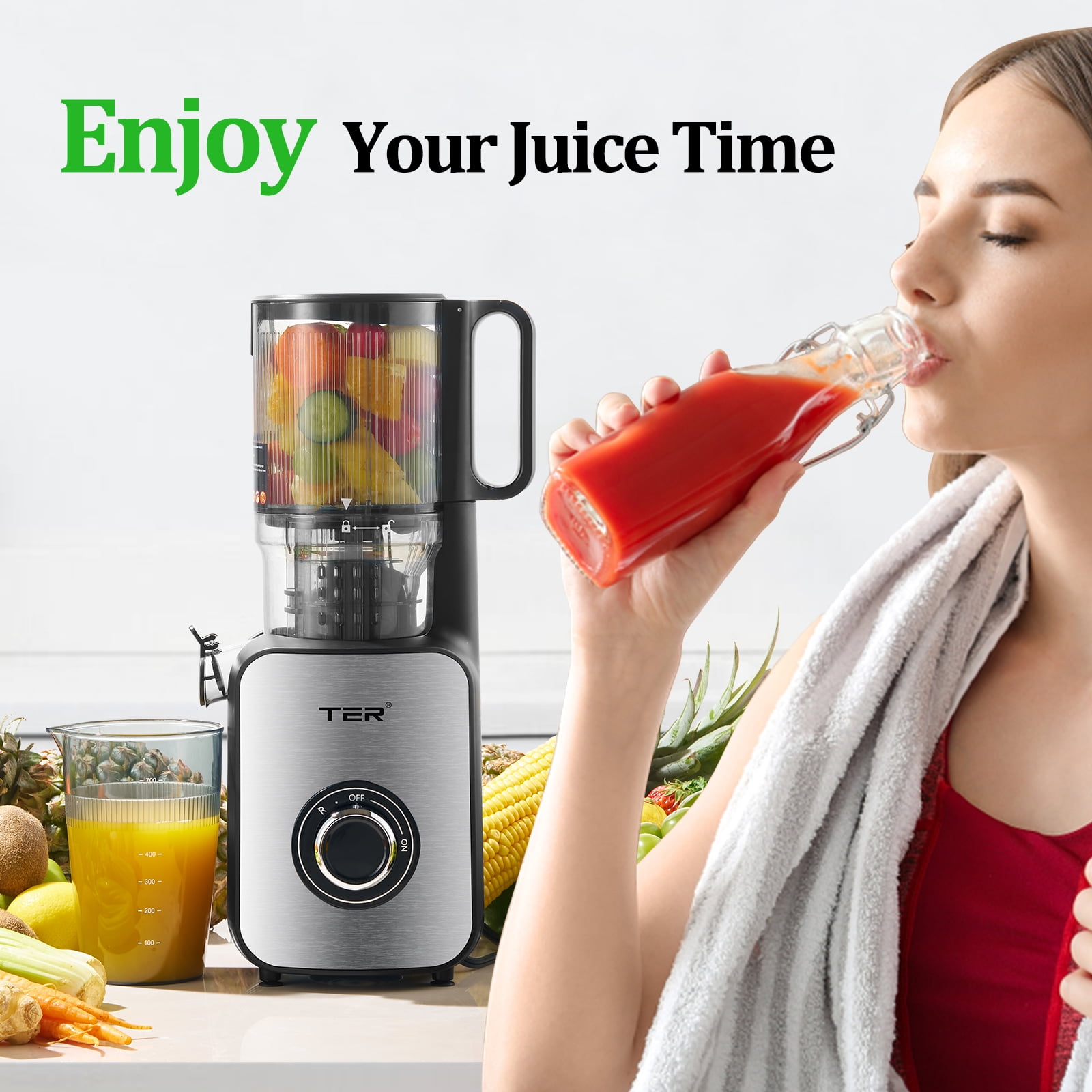 Juicer Machines, TER Cold Press Juicer With 5'' Wide Chute, Stainless Steel Slow Masticating For Vegetables & Fruits, High Juice Yield, Easy To Clean, Includes 2 Cups, Silver