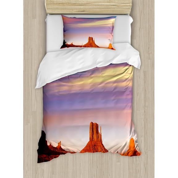 United States Duvet Cover Set, Monument Valley West Mitten and Merrick Butte Sunset Utah Desert, Decorative 2 Piece Bedding Set with 1 Pillow Shams, Twin Size, Dark Orange Pink Blue, by Ambesonne