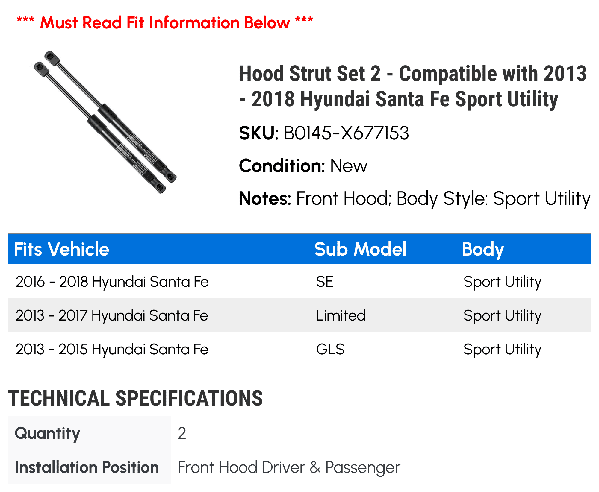 Hood Strut Set 2 - Compatible with 2013 - 2018 Hyundai Santa Fe Sport Utility - Autopart Premium