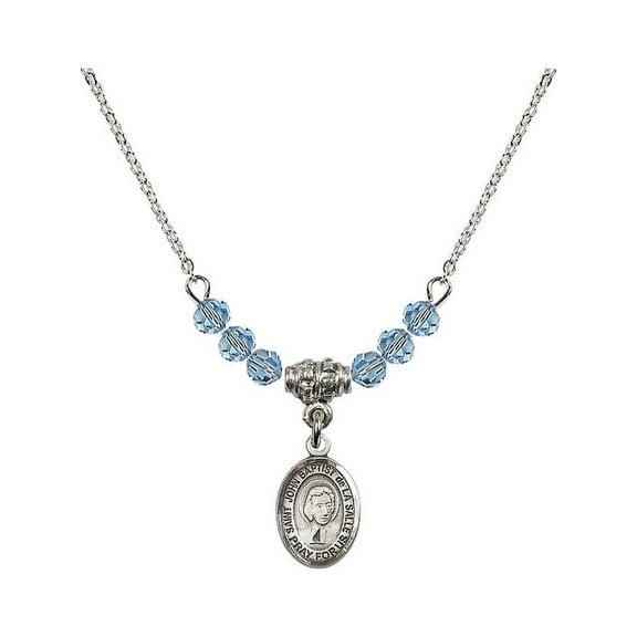 18-Inch Rhodium Plated Necklace with 4mm Blue March Birth Month Stone Beads and Saint John Baptist de la Salle Charm