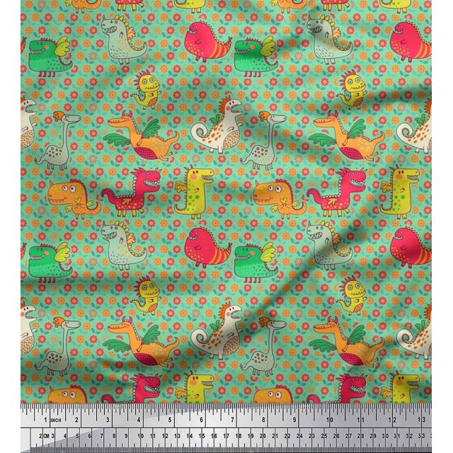 Soimoi Crepe Silk Fabric Floral & Dinosaur Cartoon Print Fabric by Yard 42 Inch Wide