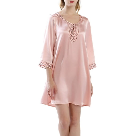 Women's 100% Silk Nightgown with Hand Crocheted Neck and Cuff