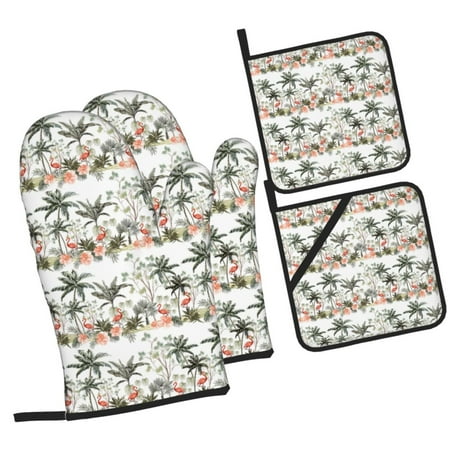 

Zeuib Flamingo Palm Trees Oven Mitts and Potholders BBQ Gloves Kitchen Oven Glove High Heat Resistant 500 Degree Extra Long Oven Mitts and Potholder with Non-Slip Silicone Surface for Cooking