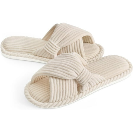 

Summer House Slippers for Women Corduroy Cross Bow Indoor Slippers Open Toe Slip On Bedroom Shoes with Memory Foam